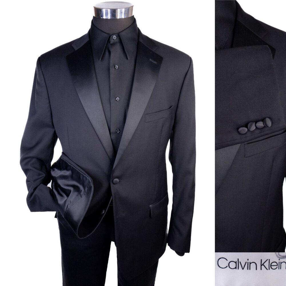 Calvin Klein Tuxedo Jacket Mens 40R Black Wool Satin Notch Lapel Two Button